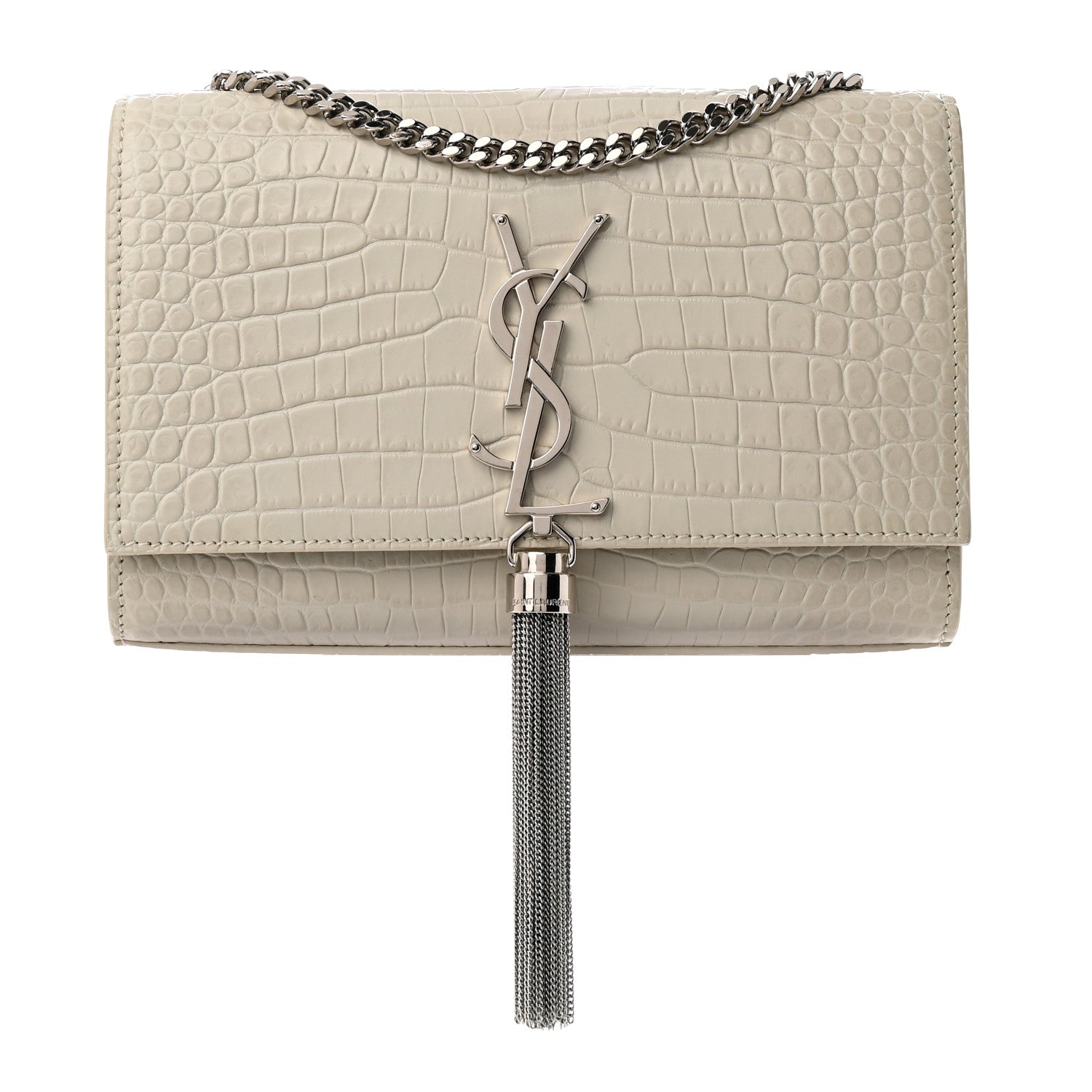 Saint Laurent Calfskin Crocodile Embossed Small Classic Monogram Kate Tassel Satchel Blanc Vintage 1 of 11