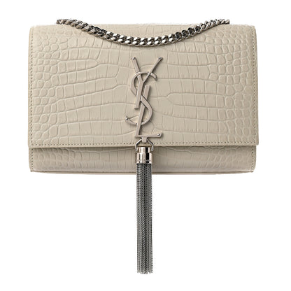 Saint Laurent Calfskin Crocodile Embossed Small Classic Monogram Kate Tassel Satchel Blanc Vintage 1 of 11