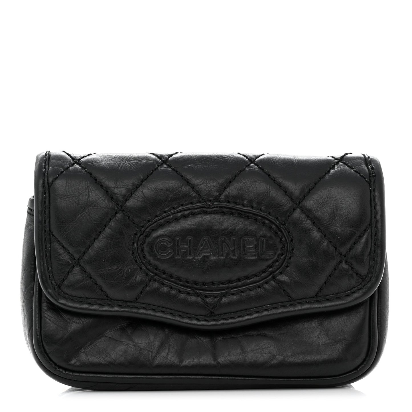 Aged Calfskin Quilted Logo Flap Belt Bag Black