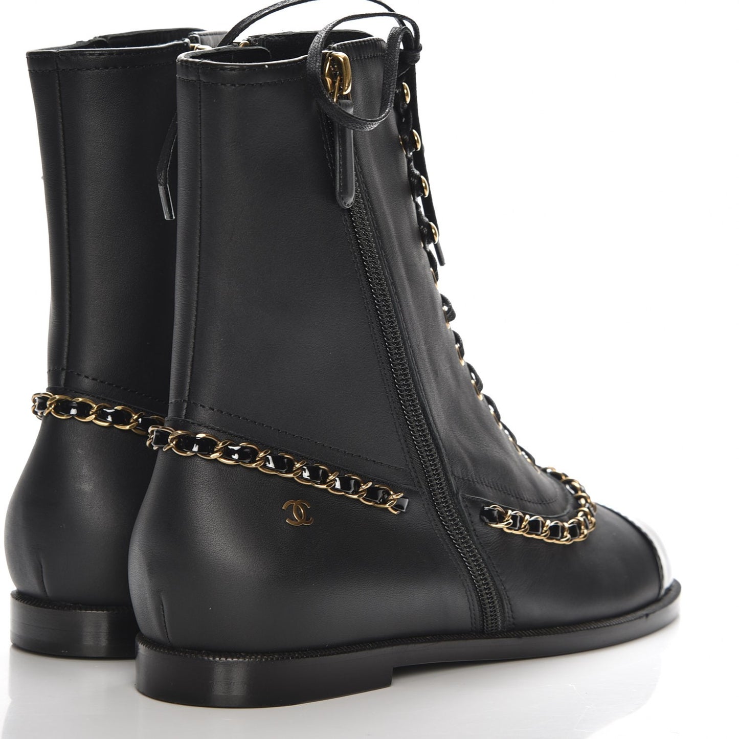 Calfskin Chain Lace Up Boots 37.5 Black
