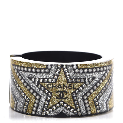 Chanel Resin Crystal Pearl Glitter Star CC Cuff Black Silver Gold 1 of 4