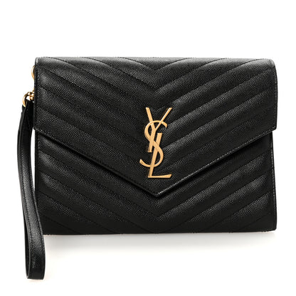 Saint Laurent Grain De Poudre Matelasse Chevron Monogram Envelope Clutch Black 1 of 7