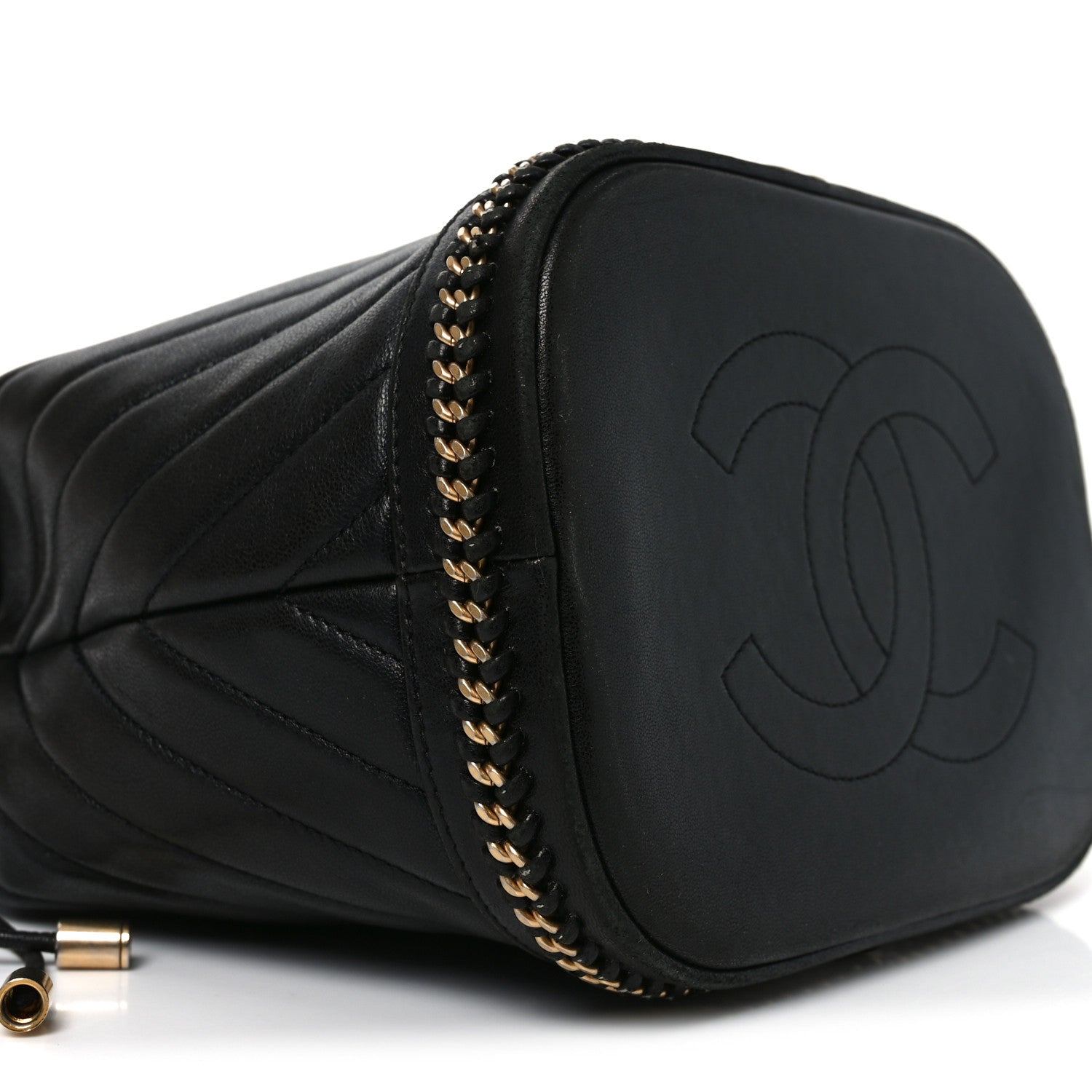 Chanel Sheepskin Chevron Quilted Drawstring Bag Black 9 of 10
