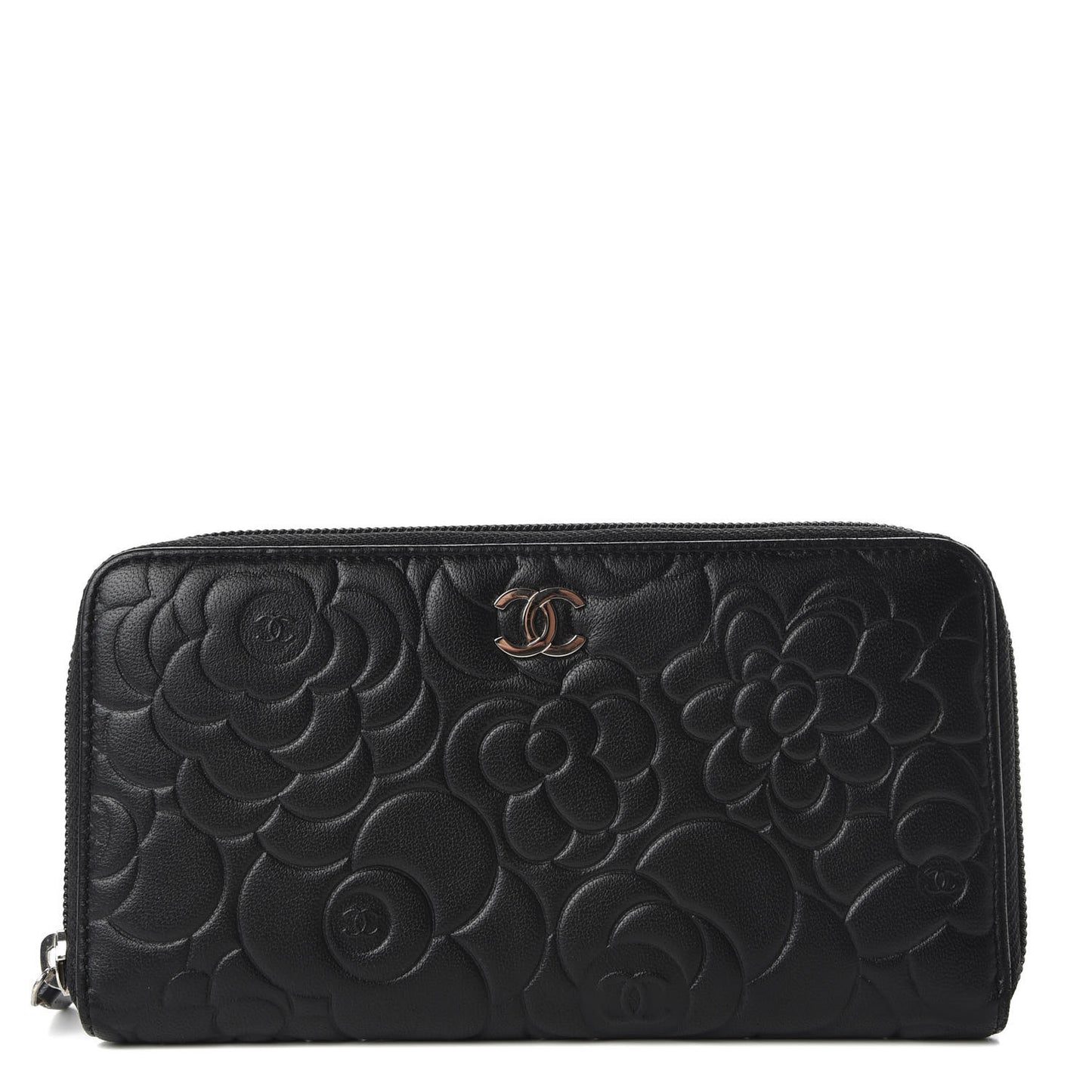 Lambskin Camellia Embossed Large Zip Around Gusset Wallet Black