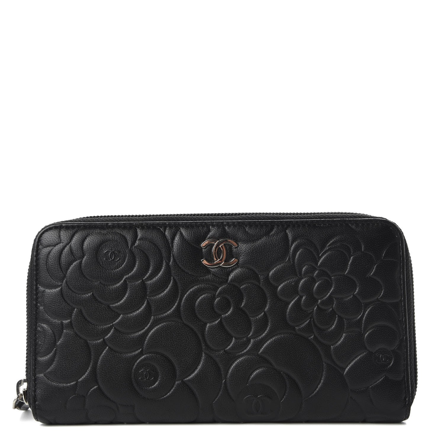 Chanel Lambskin Camellia Embossed Large Zip Around Gusset Wallet Black 1 of 8