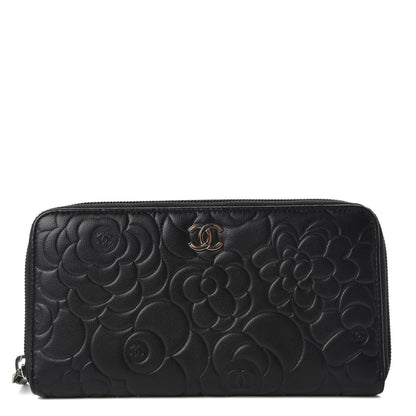 Chanel Lambskin Camellia Embossed Large Zip Around Gusset Wallet Black 1 of 8