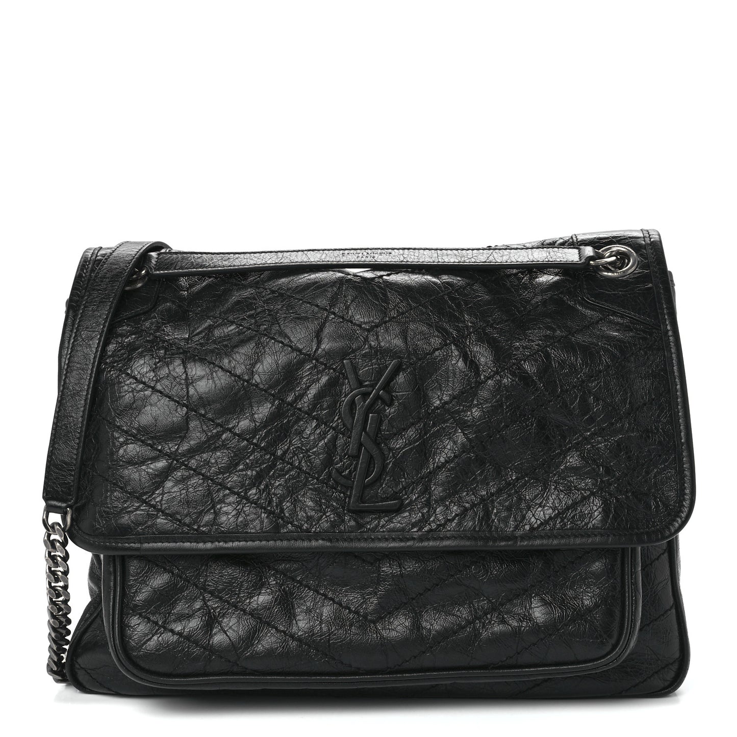 Crinkled Calfskin Matelasse Monogram Large Niki Chain Satchel Black