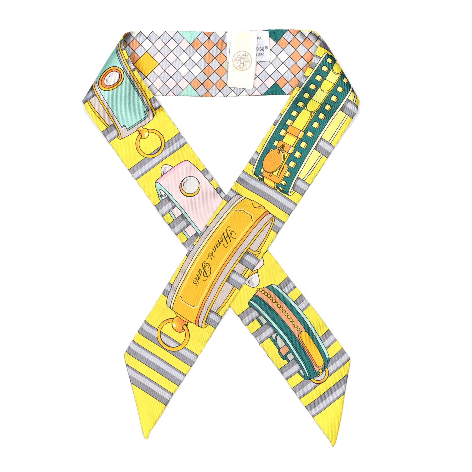 Hermes Silk Colliers De Chiens Remix Twilly Jaune Vif Gris Perle 1 of 4