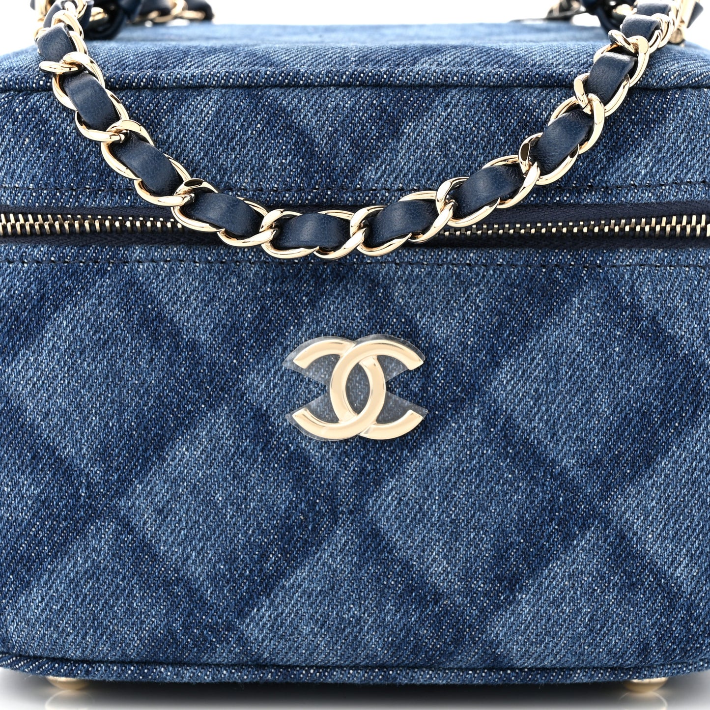 Printed Denim Quilted Mini Top Handle Vanity Case With Chain Dark Blue