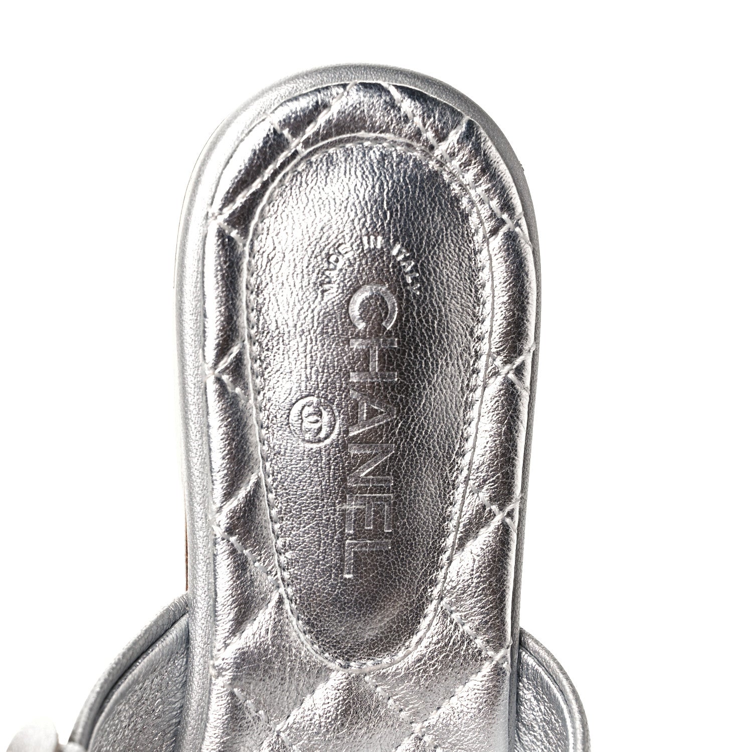 Chanel Metallic Lambskin Camellia Slide Sandals 35 Silver 7 of 9