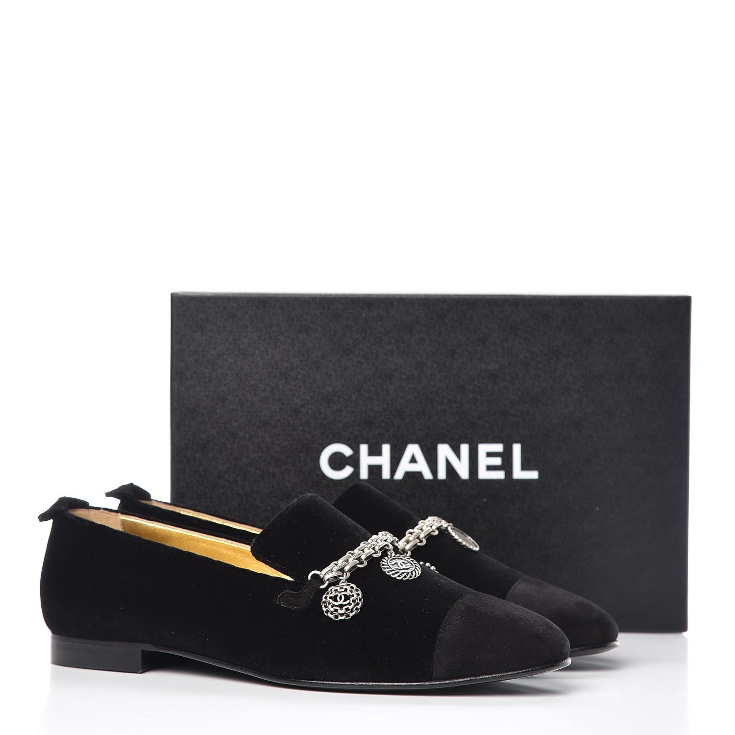 Chanel Velvet Suede Cap Toe Chain Moccasin Loafers 39 Black 9 of 9