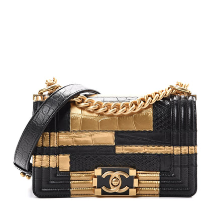 Chanel Crocodile Python Calfskin Embossed Small Boy Flap Black Gold 1 of 13