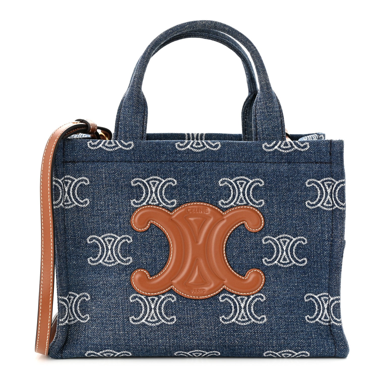Celine Denim Calfskin Triomphe Print Cabas Blue Tan 1 of 9