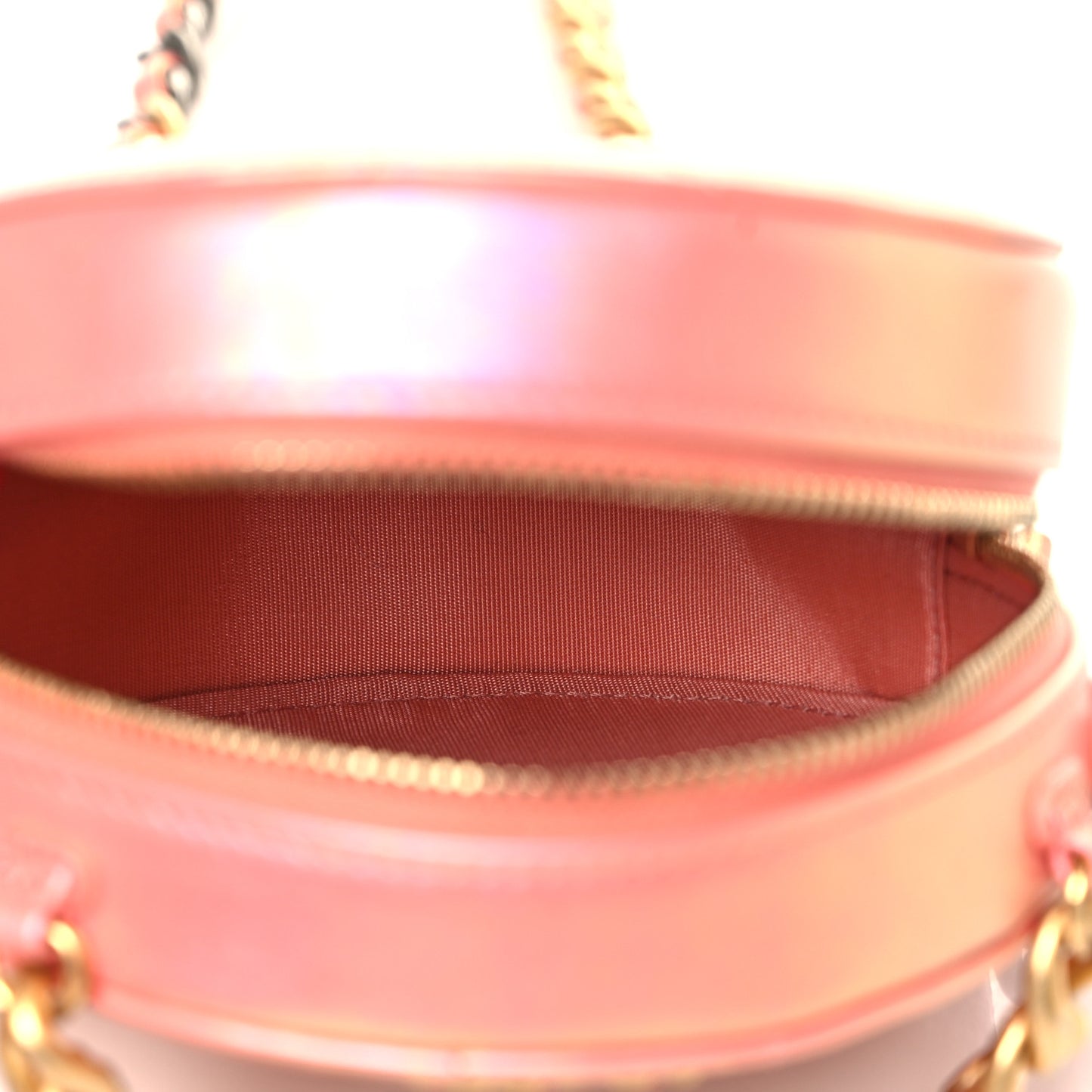 Iridescent Calfskin Quilted Chanel 19 Round Clutch With Chain Pink
