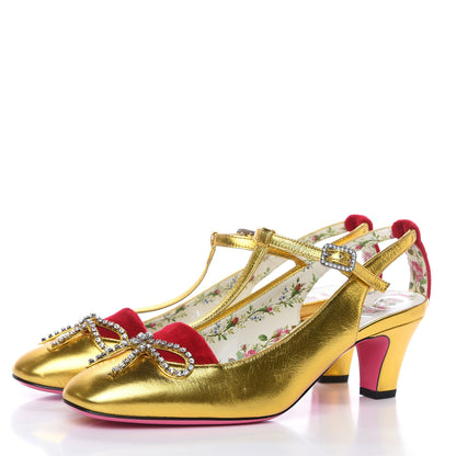 Gucci Metallic Nappa Velvet Crystal Bow Anita Pumps 38 Oro Hibiscus Red 3 of 8