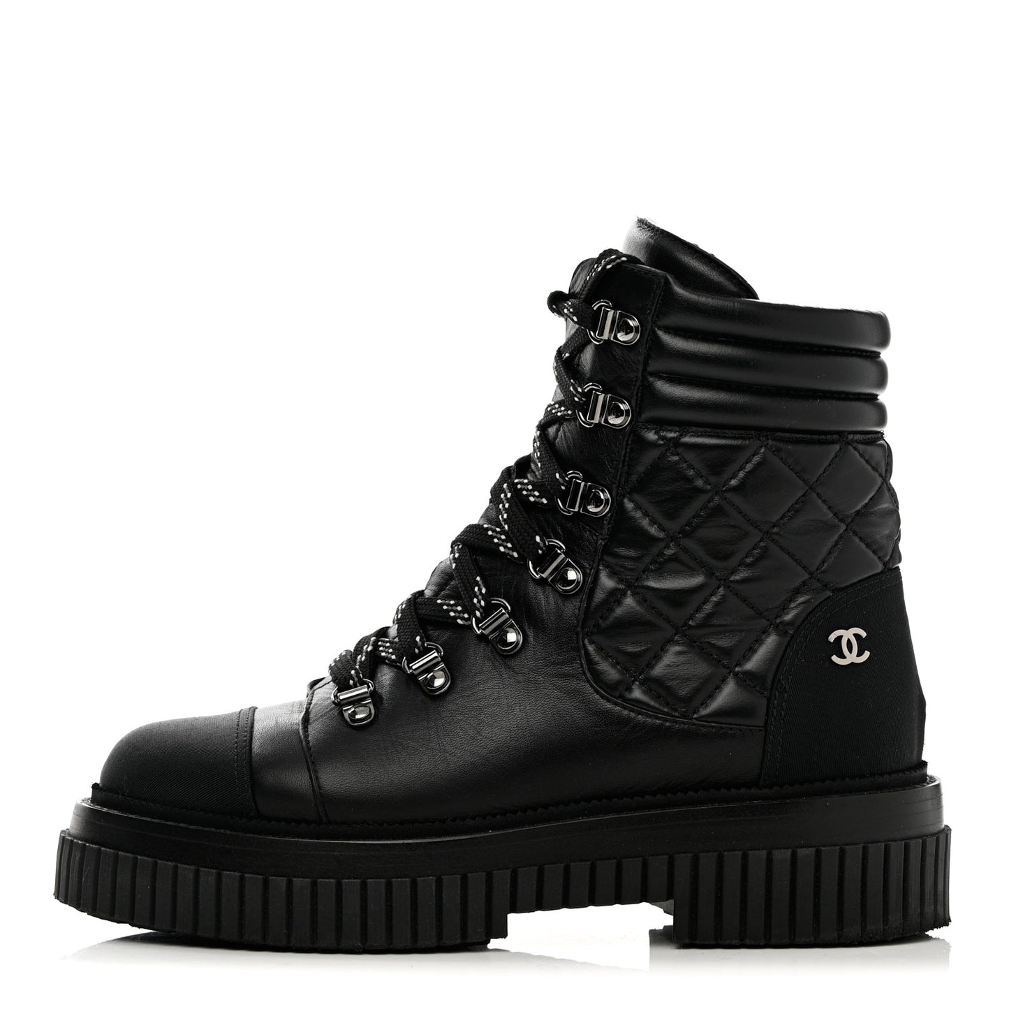 Calfskin Grosgrain Quilted Lace Up Boots 37 Black Grey