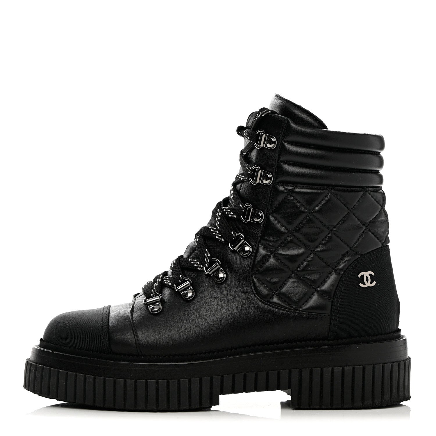 Chanel Calfskin Grosgrain Quilted Lace Up Boots 37 Black Grey 1 of 19