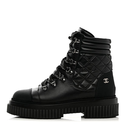 Chanel Calfskin Grosgrain Quilted Lace Up Boots 37 Black Grey 1 of 19
