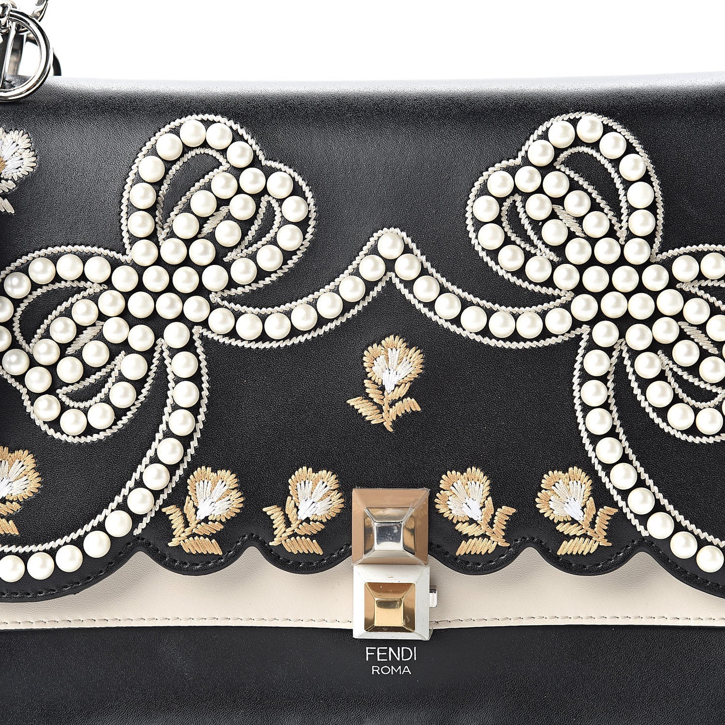 Vitello Liberty Pearl Bi-Color Flowers and Bows Scalloped Studded Kan I Shoulder Bag Black Camelia