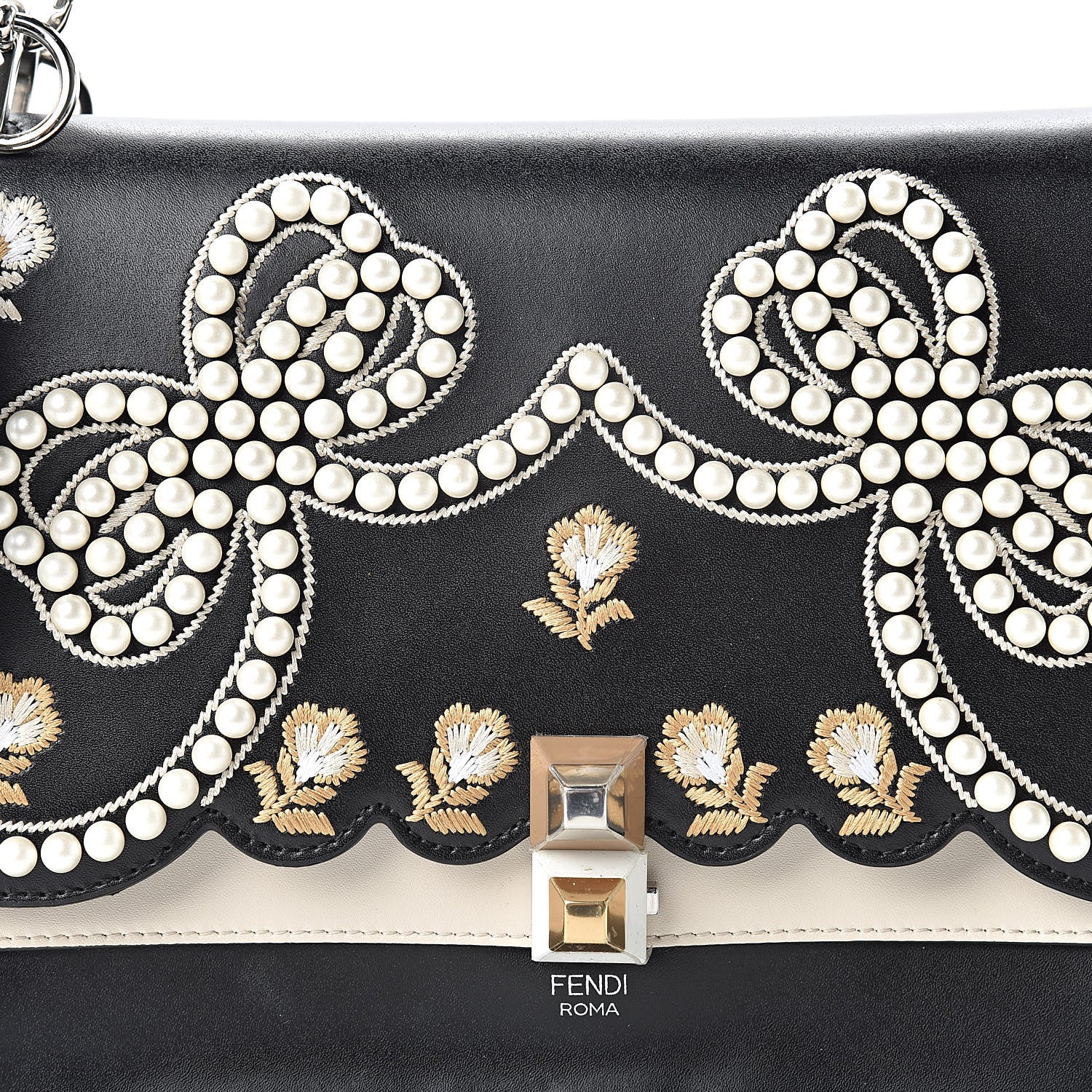 Fendi Vitello Liberty Pearl Bi-Color Flowers and Bows Scalloped Studded Kan I Shoulder Bag Black Camelia 8 of 12