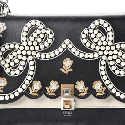 Fendi Vitello Liberty Pearl Bi-Color Flowers and Bows Scalloped Studded Kan I Shoulder Bag Black Camelia 8 of 12