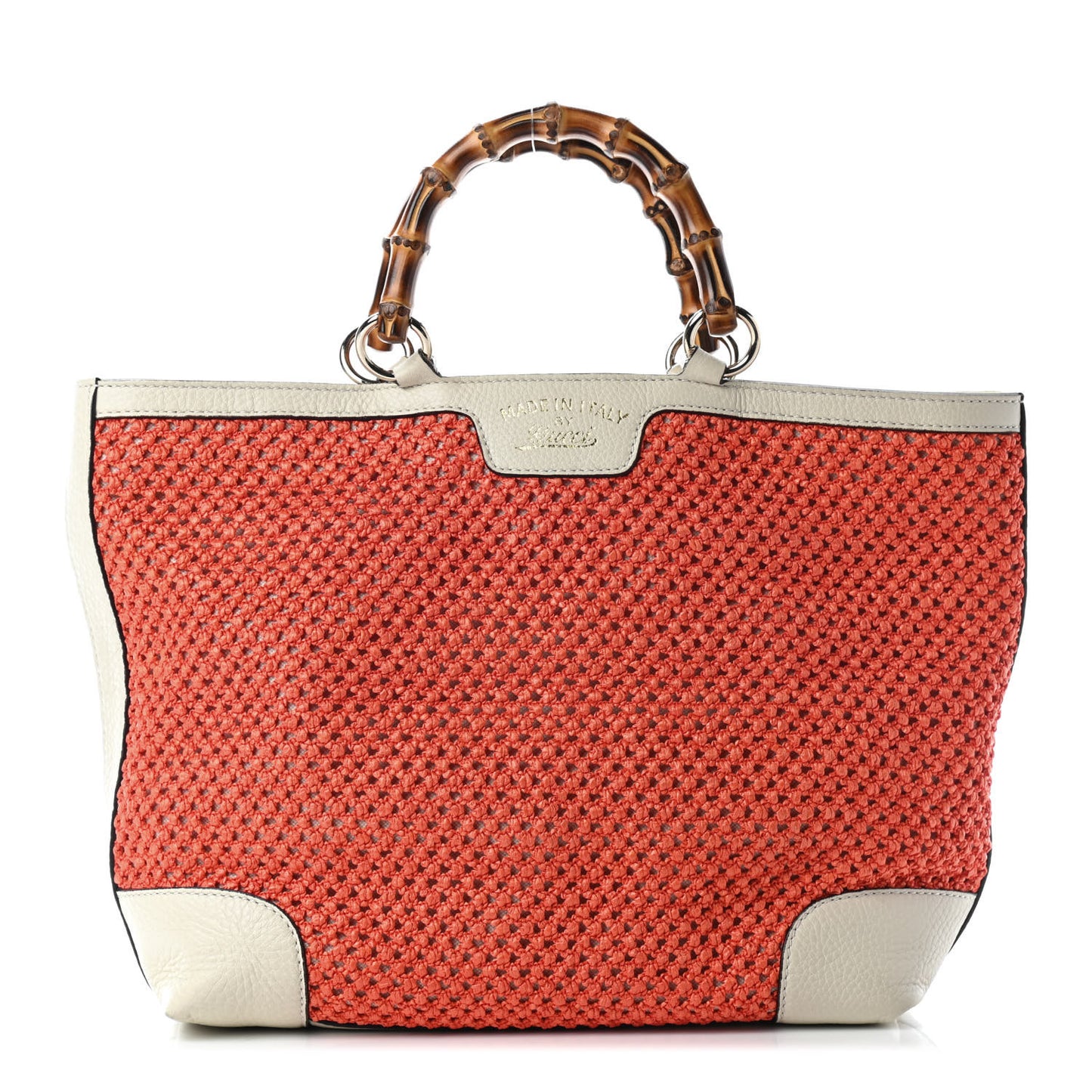 Straw Calfskin Small Bamboo Shopper Tote Orange