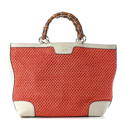 Gucci Straw Calfskin Small Bamboo Shopper Tote Orange 1 of 9