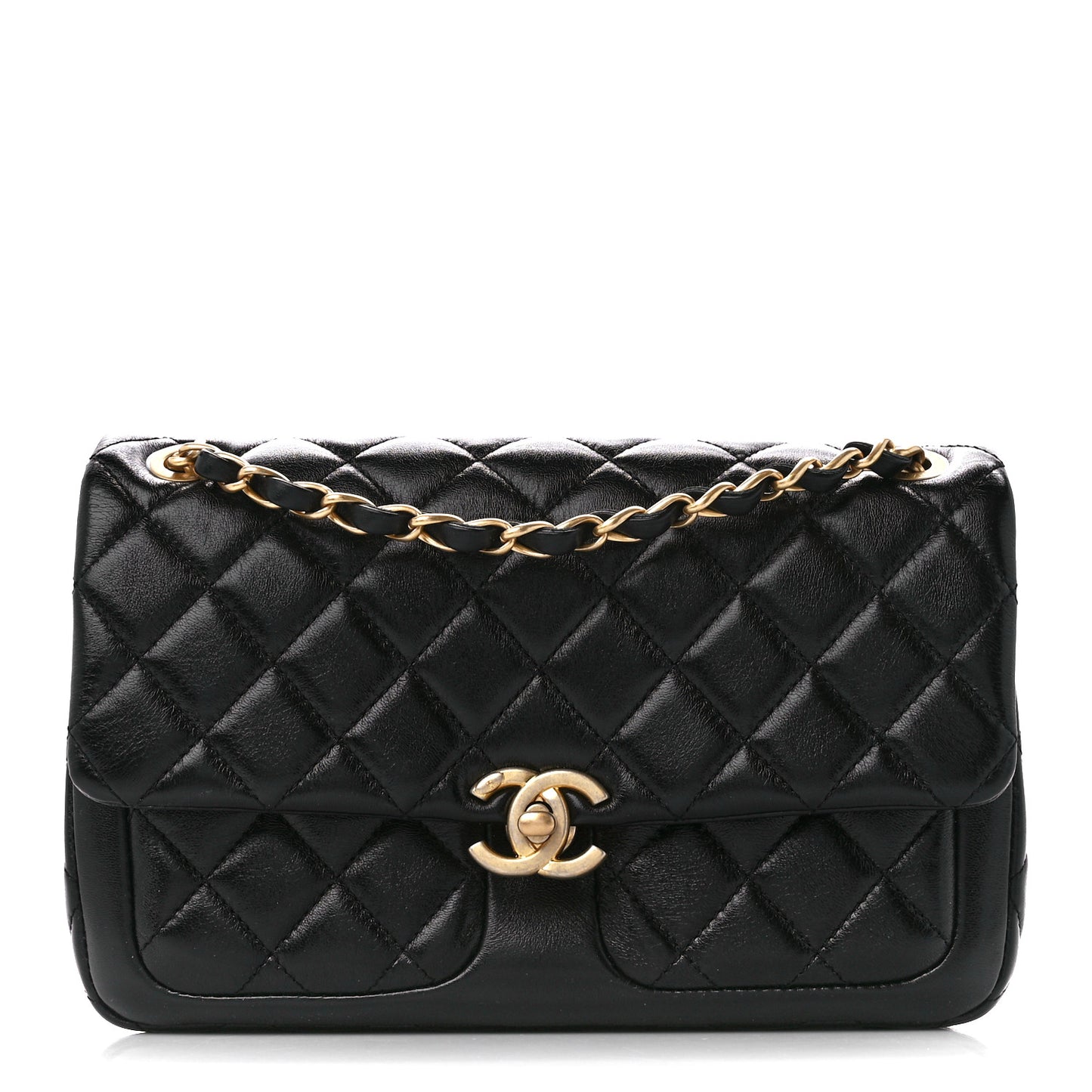 Shiny Lambskin Quilted Small Daily Friend Flap Black