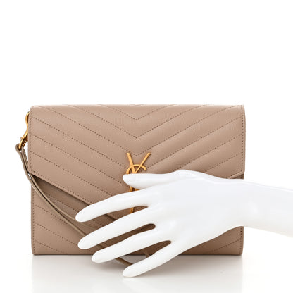 Saint Laurent Grain De Poudre Matelasse Chevron Monogram Envelope Clutch Dark Beige 3 of 11