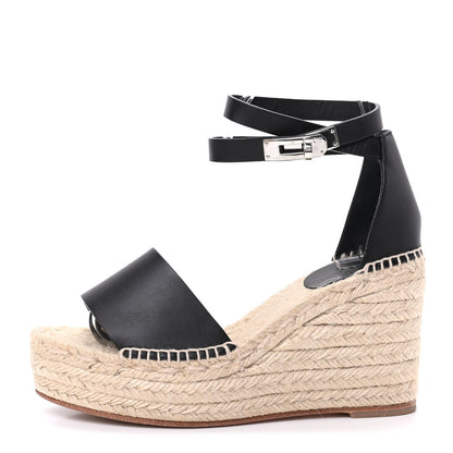Hermes Calfskin Tivoli Espadrille Wedge Sandals 37 Black 1 of 9
