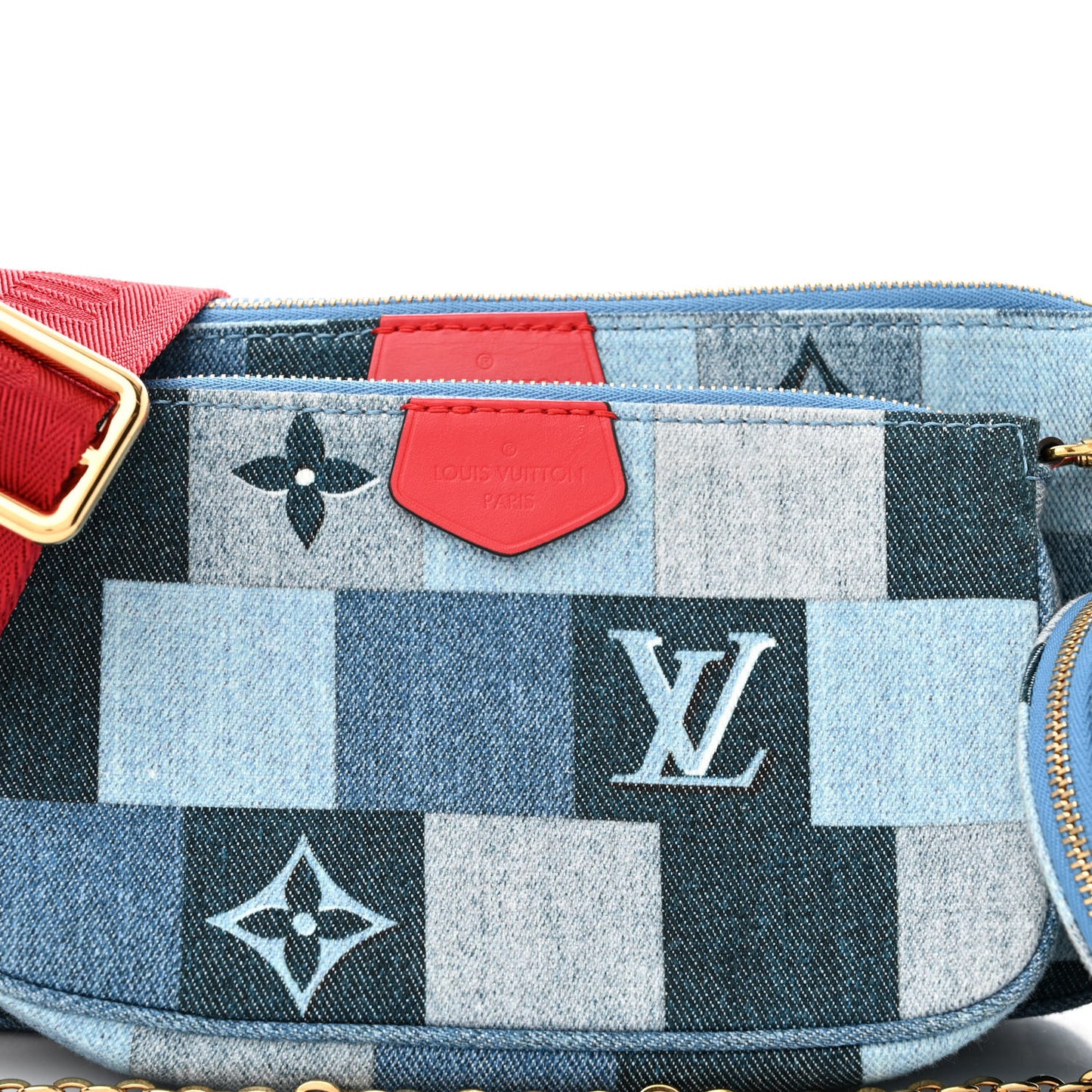 Denim Damier Monogram Patchwork Multi Pochette Accessories Blue Rouge