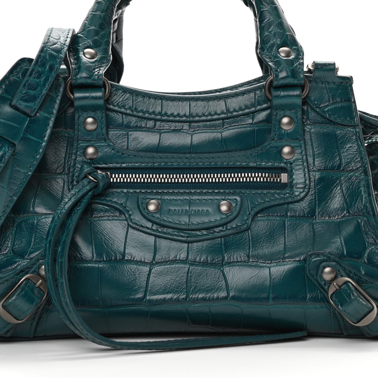 Balenciaga Calfskin Crocodile Embossed Neo Classic Silver Hardware Mini City Dark Petrol Blue 10 of 15
