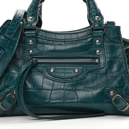 Balenciaga Calfskin Crocodile Embossed Neo Classic Silver Hardware Mini City Dark Petrol Blue 10 of 15