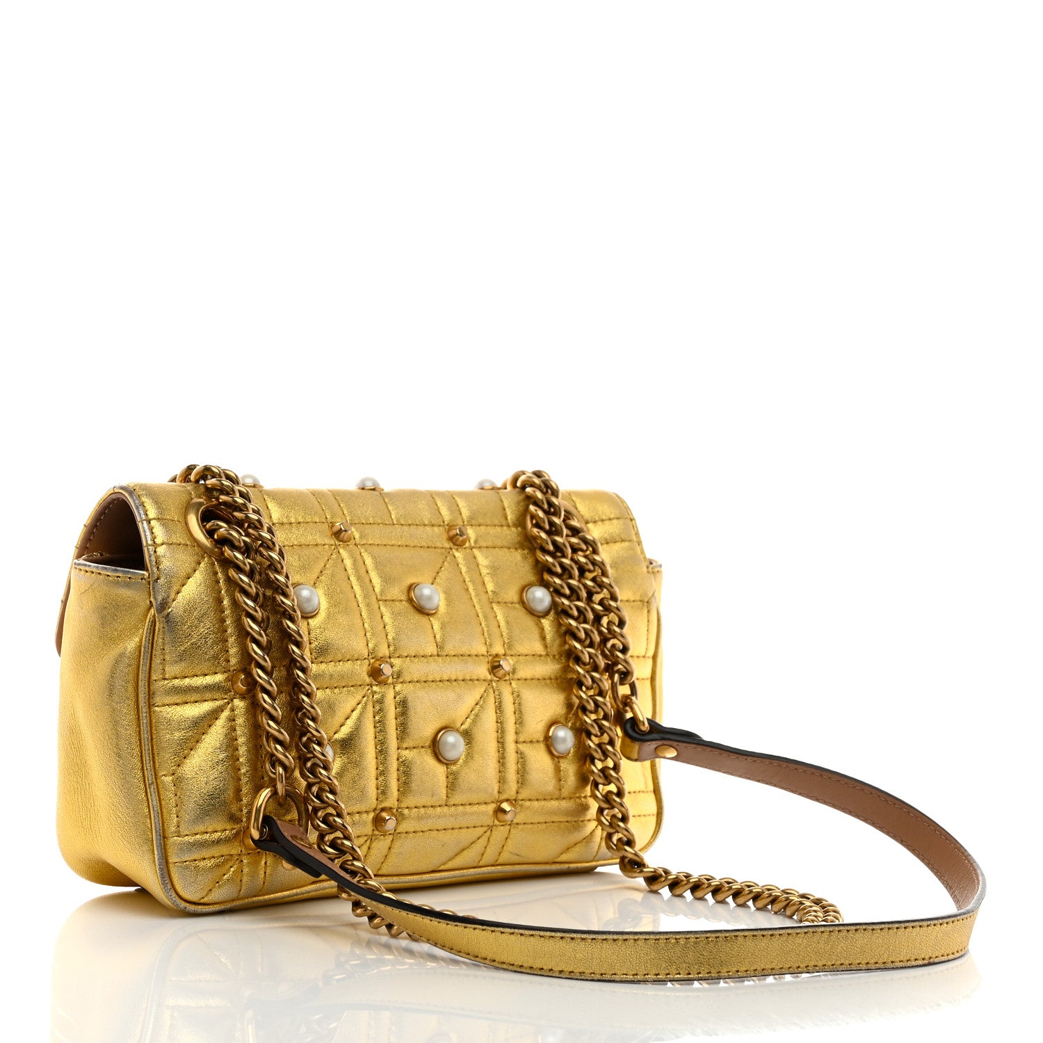 Gucci Metallic Calfskin Matelasse Studded Mini Pearly GG Marmont Shoulder Bag Gold 3 of 15