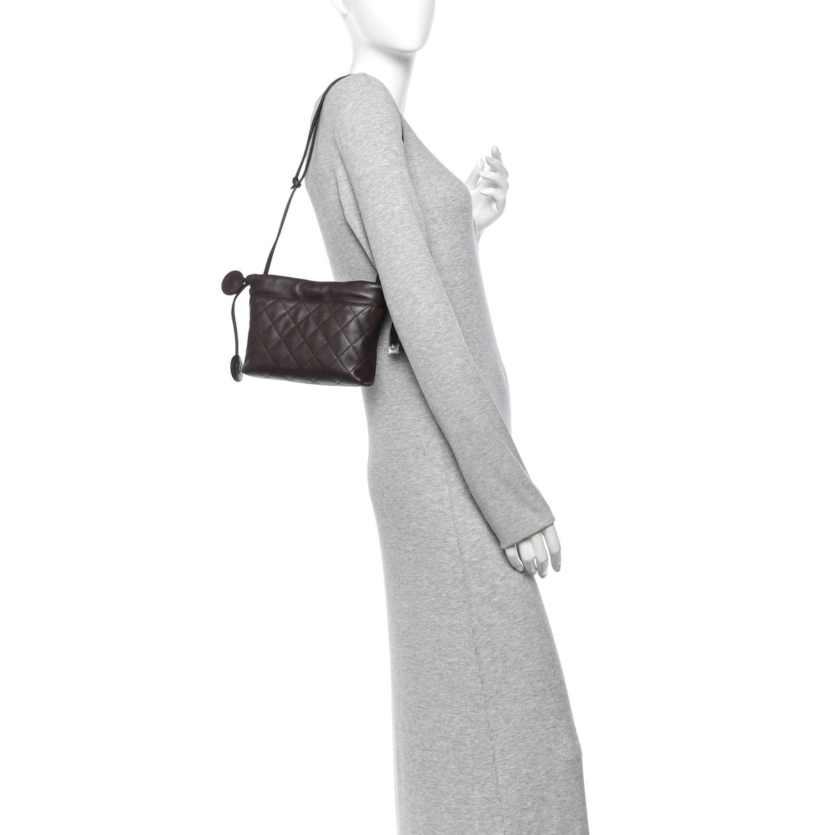 Lambskin Quilted Drawstring Clutch With Strap Dark Brown