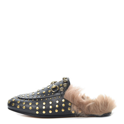 Gucci Calfskin Lambswool Studded Womens Princetown Slippers 37 Black 1 of 8