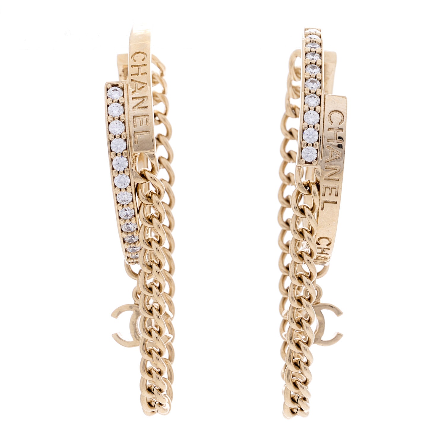 Chanel Metal Crystal Chain CC Hoop Earrings Gold 1 of 3