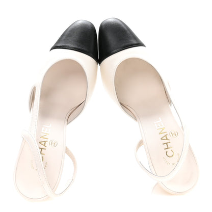 Chanel Lambskin Grosgrain Cap Toe CC Slingback Pumps 37 White Black 2 of 8