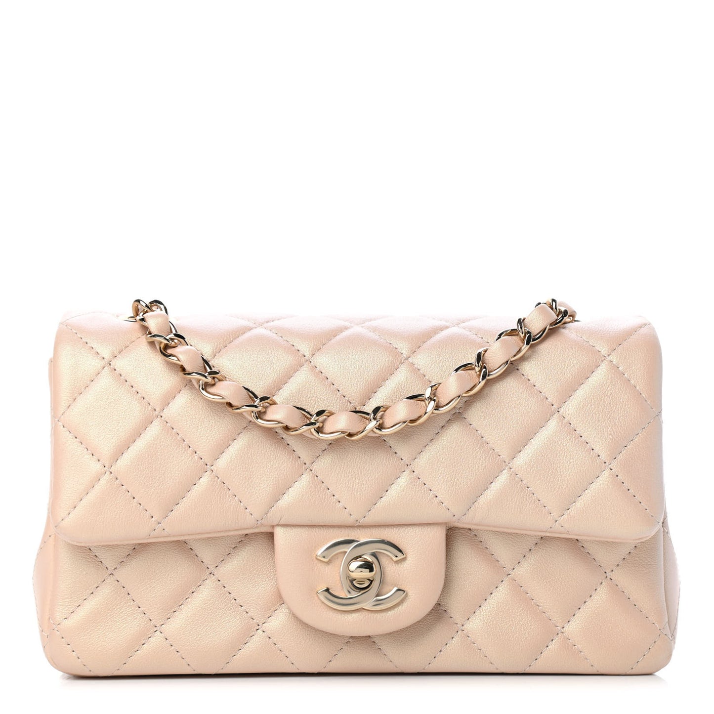 Iridescent Calfskin Quilted Mini Rectangular Flap Beige