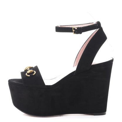 Gucci Kid Scamosciato Liliane Horsebit Platform Wedge Sandals 37 Black 1 of 8