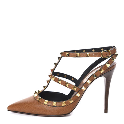 Valentino Garavani Pebbled Calfskin Rockstud Ankle Strap 100mm Pumps 37.5 Cuoio 1 of 9
