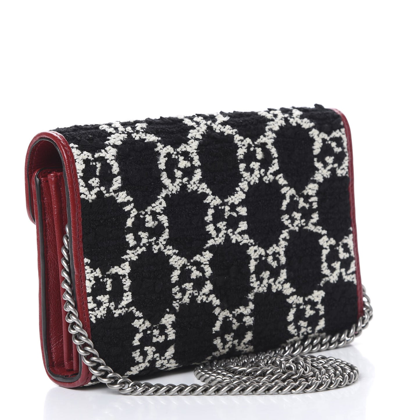 Tweed GG Monogram Mini Dionysus Chain Wallet Black White Romantic Cherry