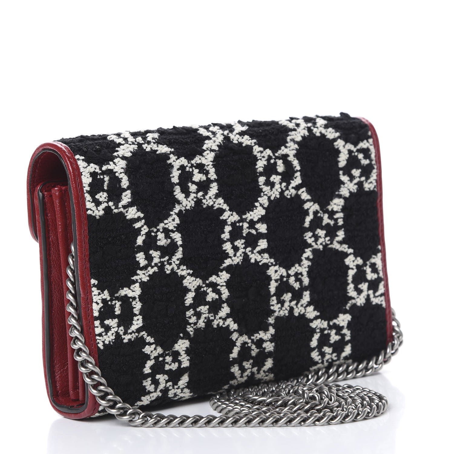 Gucci Tweed GG Monogram Mini Dionysus Chain Wallet Black White Romantic Cherry 2 of 9