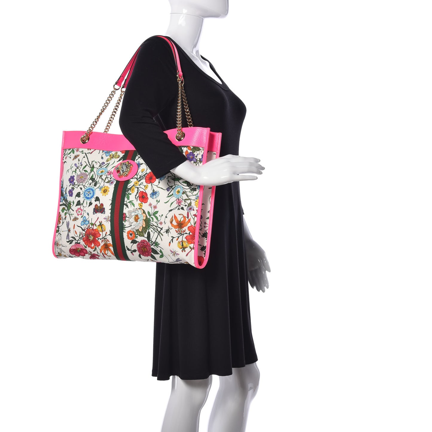 Canvas Flora Large Rajah Chain Tote White Multicolor Fuxia Fluo