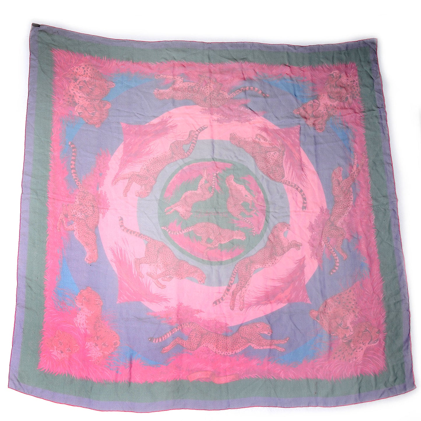 Silk Mousseline Guepards Scarf 140 Rose Bleu Vert