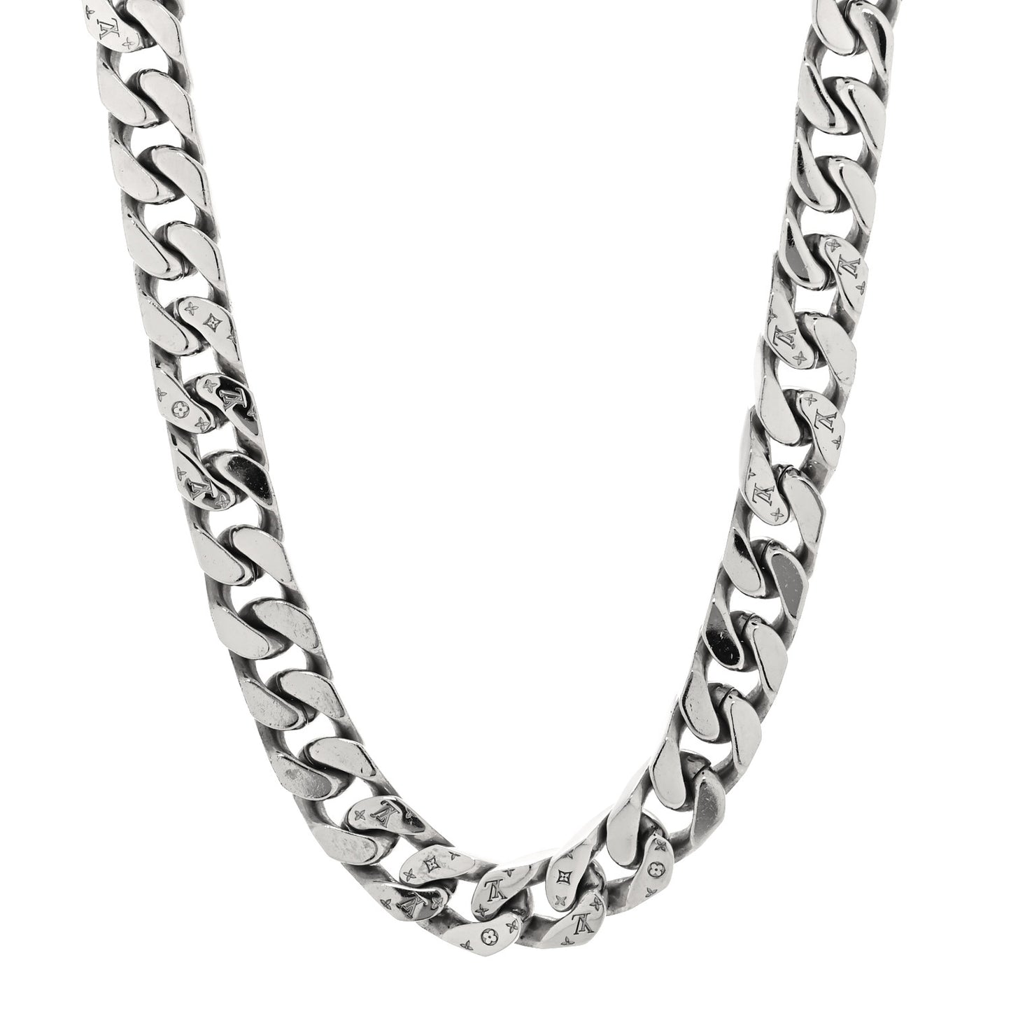 Metal Monogram Etched LV Chain Links Necklace Silver