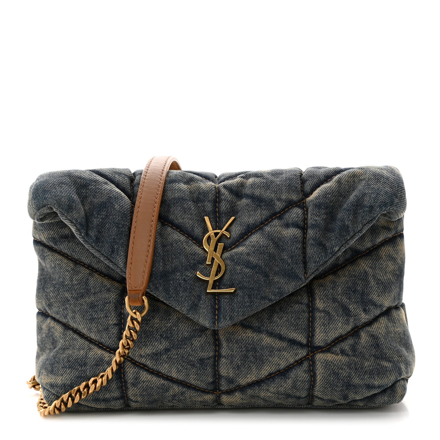 Saint Laurent Denim Quilted Toy Loulou Puffer Monogram Chain Satchel Blue Cinnamon 1 of 10