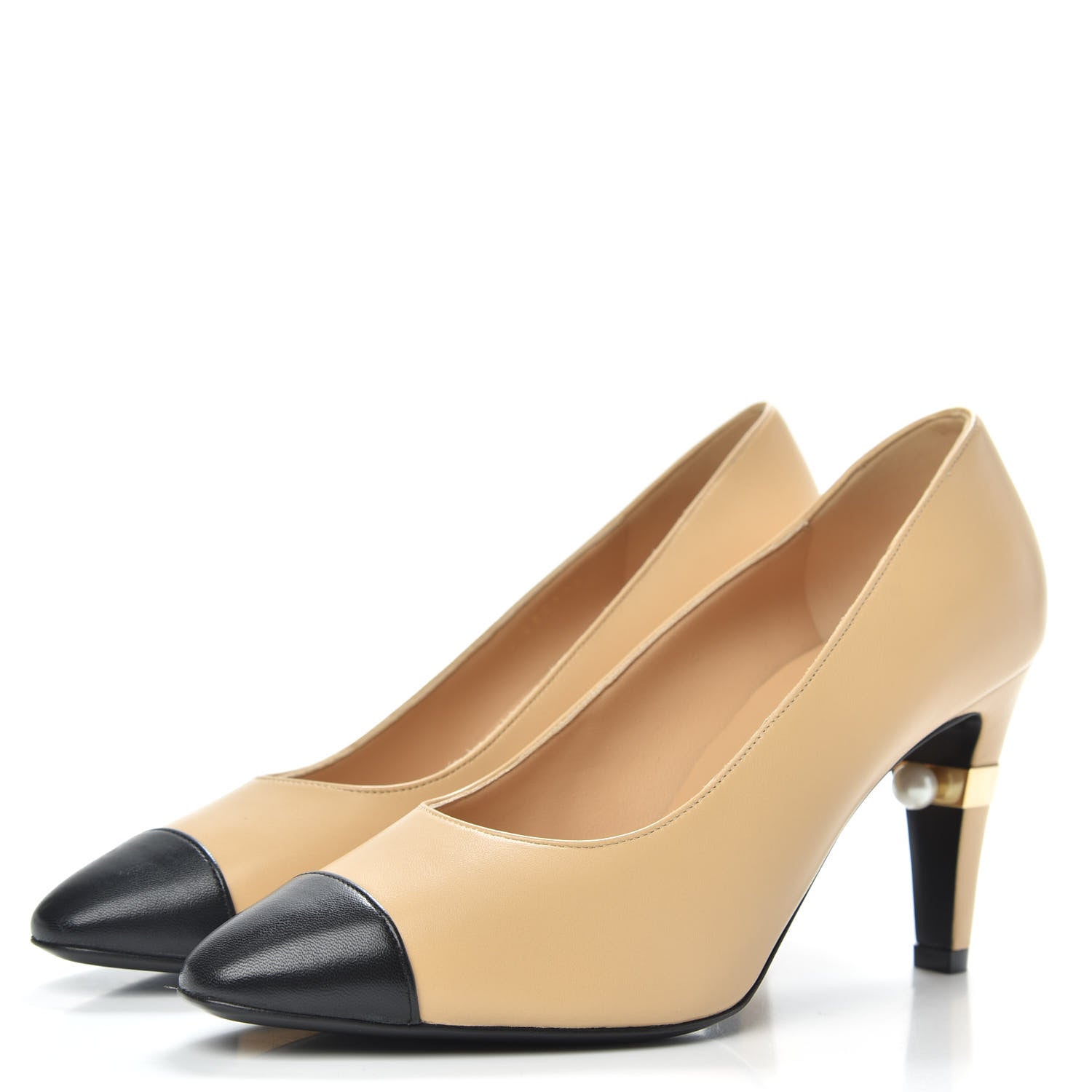Chanel Lambskin Cap Toe Pearl Pumps 38 Beige Black 3 of 10