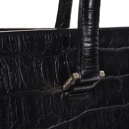 Saint Laurent Calfskin Crocodile Embossed Medium Trois Class Tote Black 9 of 13