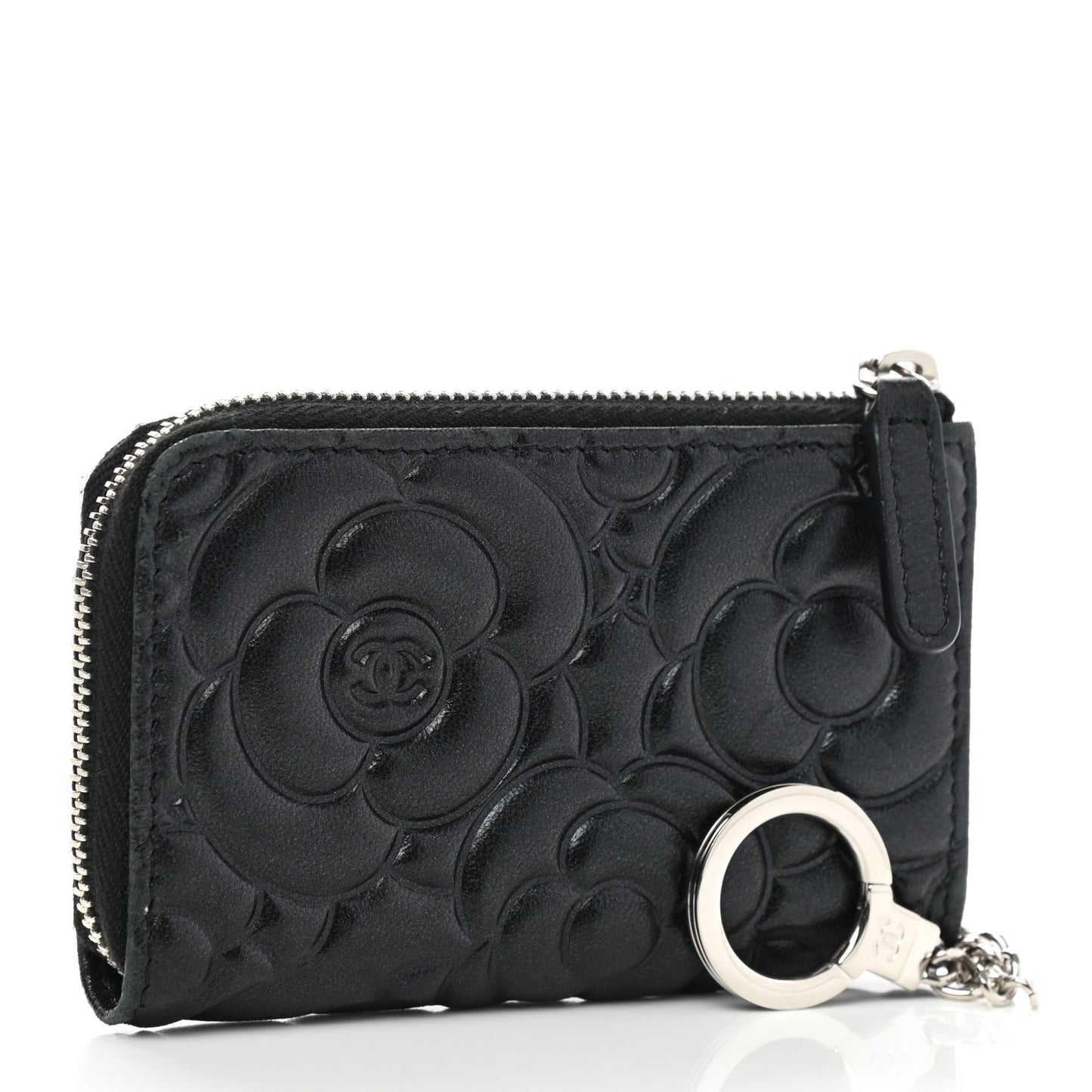 Lambskin Camellia Embossed Key Holder Case Black
